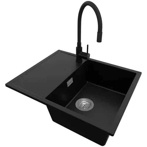 PRIMAGRAN Granitspüle Schwarz 62x50cm, Spülbecken 1 Becken + Küchenarmatur 40x38cm + Ablauf-Set, Küchenspüle ab 45er Unterschrank - Ibiza S017