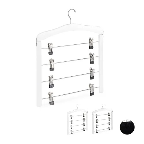 Rockbügel Hosen-Clipbügel - Platzsparender Kleiderbügel drehbar in Weiß - Kleiderbügel aus Holz mit drehbaren Clips, ideal für platzsparendes Aufhängen von Hosen und Röcken in jedem Kleiderschrank.