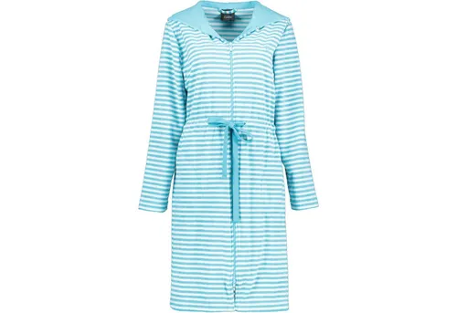 Cawö Home Damen Bademantel Campus 834 türkis - 47 XL - Bademantel für Damen im attraktiven Streifen-Design mit Reißverschluss, Tunnelgürtel und farblich abgesetzter Kapuze, aus pflegeleichtem Baumwoll-Mischgewebe.