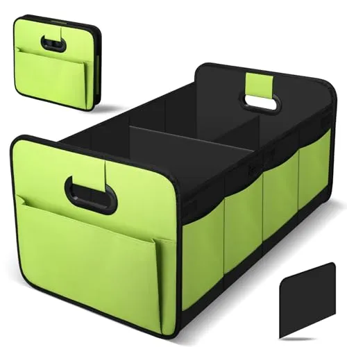 HIAHXC Kofferraum Organizer Auto, Faltbare Kofferraumtasche mit Fächern & Tragegriff,Geräumige Aufbewahrungsbox,Kofferraumtasche für Einkaufen, Camping & Auto Zubehör (Grün)