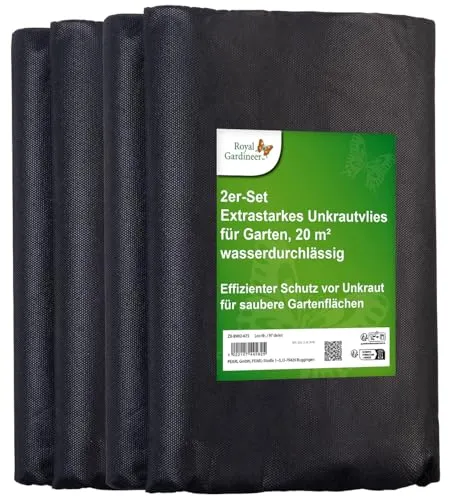 Royal Gardineer Unkrautflies: 4er-Set extrastarkes Unkrautvlies für Garten, 40 m², wasserdurchlässig (Unkrautvlies Unkrautfolie, Unkrautschutzfolie, Gewächshaus)