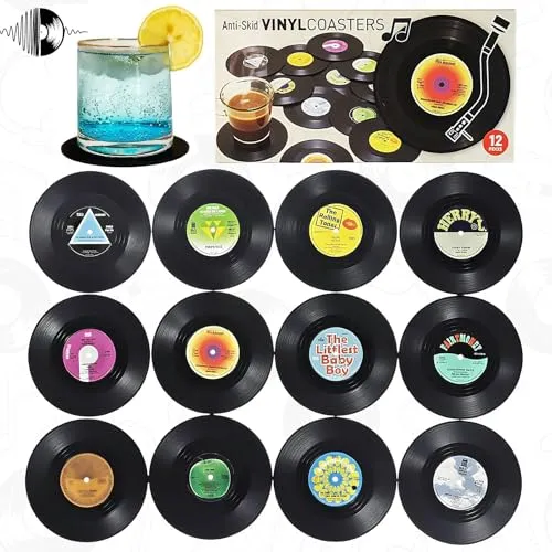 Stück Glasuntersetzer,Retro Vinyl Record Glasuntersetzer | Vinyl Schallplatten Untersetzer,Non-Slip Insulated Coffee Drinks Mat, Runde Silikon Untersetzer,für Bars, Cafés, Haus, Party 12