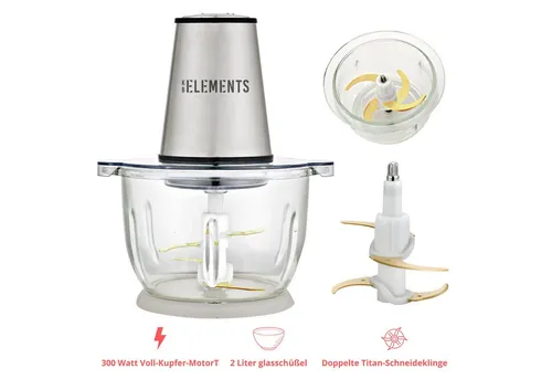 KB Elements Zerkleinerer ELK306FC, 300 W, 300 Watt Voll Kupfer Motor, 2 Liter Glasschüßel, Titan-Schneideklinge