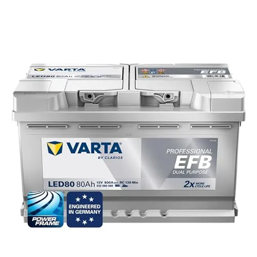 VARTA Professional EFB LED80 Autobatterie 80 Ah, 12 V - Autobatterie für Boote und Camping, langlebig und wartungsfrei mit bis zu 3-facher Zyklenlebensdauer, ideal für saisonalen Einsatz.