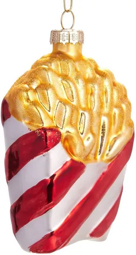 BRUBAKER Christbaumschmuck Handbemalte Baumkugel Rot weiß Pommes Tüte, Weihnachtsschmuck Anhänger aus Glas, Lustige Weihnachtskugel 10.5 cm