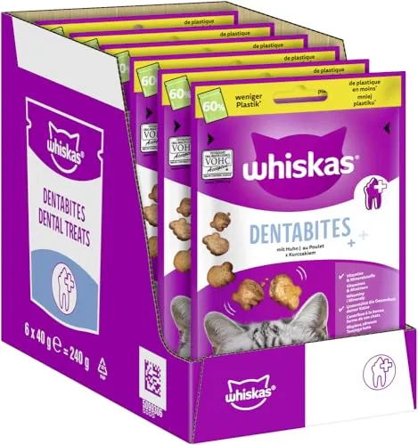 WHISKAS Becher Dentabites Katzensnacks mit Huhn 6 x 40g – Zahnpflege-Snacks für Katzen mit Huhn