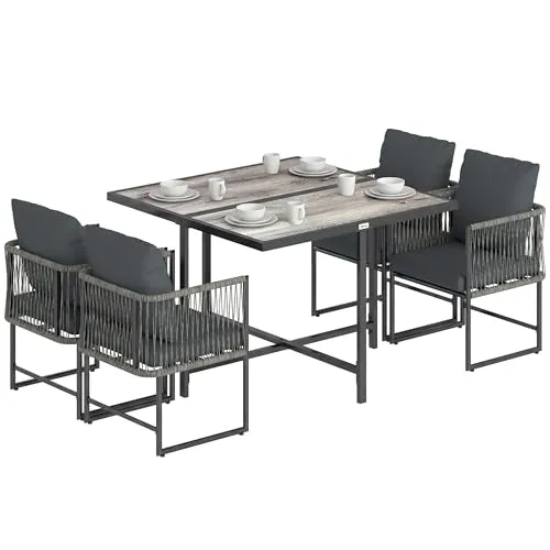 Outsunny Polyrattan Gartenmöbel Set 5-teilig mit abnehmbarer DPC-Tischplatte - Platzsparendes Design für Garten und Terrasse: Vier Stühle können unter den Tisch geschoben werden, um Platz zu sparen. Robust und wetterfest mit bequemem Sitzkomfort dank dicker Polster und verstellbarer Füße für Stabilität.
