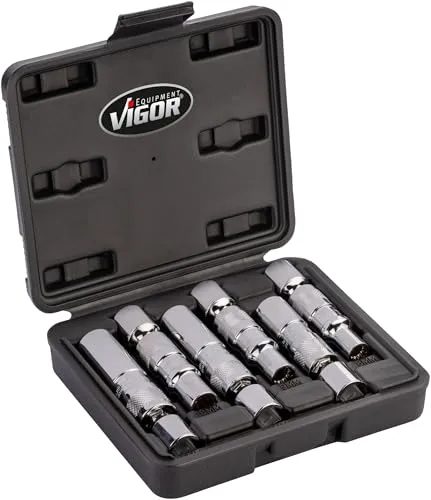 VIGOR V7016/6 Glühkerzenausdreher Satz, 6-teilig, 3/8 Zoll Vierkant, 8,9,10,12,14,16 mm, außen Doppelsechskant, Magnetaufnahme, Gelenksteckschlüssel für enge Räume