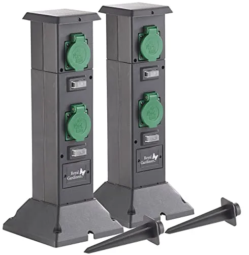 Royal Gardineer Außensteckdose Garten: 2er-Set 4-Fach-Steckdosen-Säulen für den Garten, IP44 (4-Fach-Gartensteckdose, Steckdosensäule wasserdicht, Außenbeleuchtung)