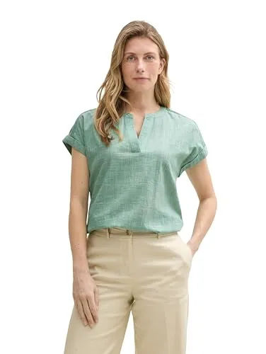 TOM TAILOR Damen Loose Fit Bluse - Lässige Loose Fit Bluse mit V-Ausschnitt, aus atmungsaktiver Baumwolle, ideal für entspannte Freizeitlooks | Rückenlänge bei Größe 38 ca. 68 cm.