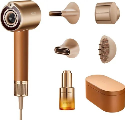 Dreame Miracle Pro Haartrockner,Rotlicht-Kopfhautpflege,Haarpflege mit negativen Ionen,130K U/min,4 Temperaturstufen,2 Gebläsestufen,Ledergriff,Gold