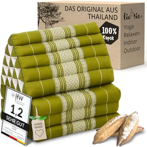 livasia Thaikissen 3 Auflagen extrahoch - 185x55x8cm - Handgefertigtes Dreieckskissen für Entspannung - Mit seiner extrahohen Rückenstütze bietet das livasia Thaikissen optimalen Komfort. Ideal für Meditation, Yoga oder entspannte Stunden im Freien. Handgefertigt aus nachhaltigen Materialien, vereint es Funktionalität und fernöstliches Design.