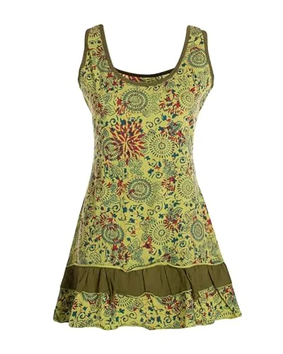 Vishes Damen Lagen-Look Jersey-Tunika Sommerkleid hellgrün 46 - Stylisches, ärmelloses Damen-Tunika Kleid in A-Linie, verstellbar von 50 cm bis 70 cm. Handbedruckt mit bunten Mustern, ideal für Sommerurlaube und Festivals. Der weiche Jersey-Stoff sorgt für hohen Tragekomfort an warmen Tagen.