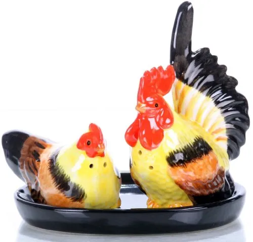 Salz und Pfefferstreuer , Salz und Pfefferstreuer Set , Keramik , Hühner auf schwarzen Unterteller