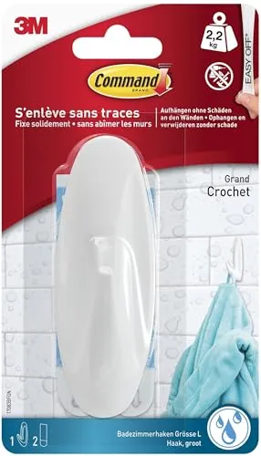 Command Badezimmer Kunststoffhaken, Weiß - 1 Haken und 2 wasserfeste Streifen - Organisieren ohne Löcher und Bohren - Haltekraft bis zu 2,2 kg