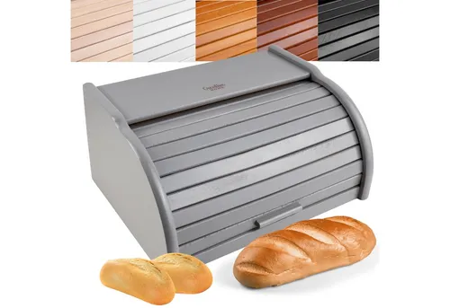Creative Home Brotkasten Holz mit Rolldeckel - Brotkästen, stilvolle Aufbewahrung mit Rolldeckel für optimale Frischhaltung und dekoratives Design in Grau.