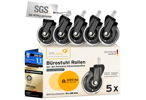 TPFLiving Premium Bürostuhlrollen 11mm – 5er Set transparente Ersatzrollen - Hochwertige Bürostuhlrollen für 11mm Standardaufnahme. SGS-zertifiziert bis 400 kg, ideal für sanftes Gleiten auf allen Böden. 10 Jahre Garantie für langlebige Qualität und optimalen Bodenschutz.