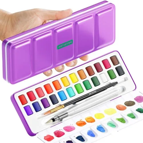 Artistro 24 Aquarellfarben Set – Reise-Aquarellfarben Set in tragbarer Box, Mini-Aquarellfarben für Kinder, Erwachsene und Hobbykünstler – Tolles Geschenk
