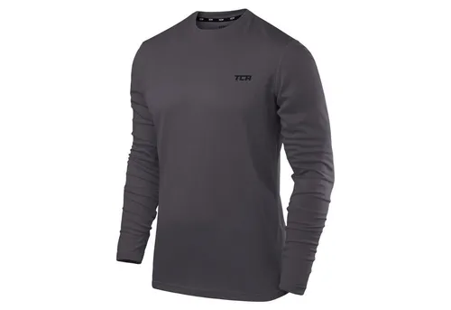 TCA Herren Langarm Laufshirt - Grau - Funktionsshirt aus atmungsaktivem Material, ideal für Läufer, mit Daumenlöchern für perfekten Sitz und QuickDry-Technologie für trockenen Komfort.