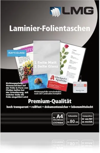 Matt-Glänzende Laminierfolien- 80 micron je Seite, 1 Seite Matt, eine Glänzend, Entspiegelt (80 MIC, DIN A4) 100