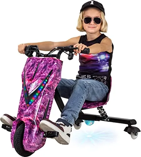 Actionbikes Motors Kinder Elektro Driftscooter - 250 Watt Drift Kart mit Bluetooth und LED-Beleuchtung - Elektrofahrzeuge für Kinder von 4-12 Jahren, mit 250-Watt-Motor für bis zu 15 km/h, verstellbarem Sitz und coolem 360°-Design für maximalen Fahrspaß.