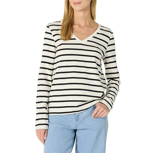Amazon Essentials Damen Langärmliges Regular-Fit-T-Shirt Aus 100% Baumwolle, Eierschalenweiß Schwarz Seefahrer Streifen, XL