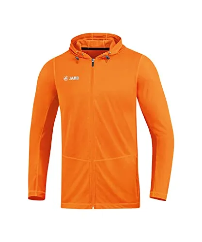 Kapuzenjacke Run 2.0 JAKO - Sportjacke in neonorange, atmungsaktiv und schweißableitend. Ideal für Läufer dank praktischer Seitentasche und anpassbarer Kapuze mit Kordelzug.