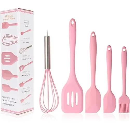 Silicone Cooking Küchenutensilien-Set - Spachtelbürsten Backwaren Ölbürste Schneebesen Schlitzwender - Küchenutensilien Antihaft & Hitzebeständig zum Kochen Rosa