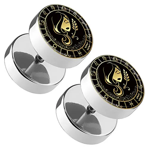 Piercingfaktor 1 Paar Fake Piercing Runde Ohrringe Ohrstecker Ohr Plug Flesh Tunnel mit Sternzeichen Motiv Tierkreiszeichen Jungfrau