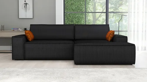 Ecksofa TOR mit Schlaffunktion in Schwarz - Das Ecksofa TOR vereint modernes Design und Funktionalität. Mit seiner Smart Sleeping-Funktion verwandelt es sich mühelos in ein komfortables Bett und bietet zusätzlichen Stauraum für Bettzeug. Ideal für jedes Zuhause!