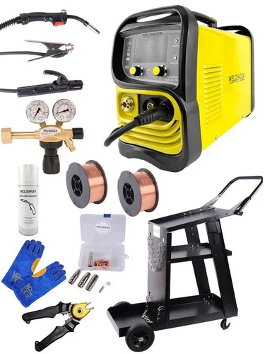WELDINGER MIG/MAG-Schweißinverter ME 200 eco Set - MIG/MAG-Schweißgerät mit robustem Schweißwagen und Zubehör, ideal für präzises Schweißen. Inverter-Technologie sorgt für effiziente und hochwertige Schweißergebnisse.