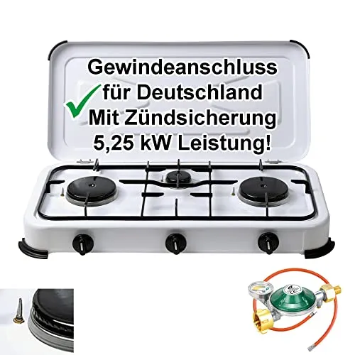 Campingkocher Gaskocher 3-flammig mit Zündsicherung - Campingkocher mit 3 leistungsstarken Brennern, Zündsicherung und Gasregler für sicheres Kochen im Freien. Ideal für Camping und Outdoor-Aktivitäten.