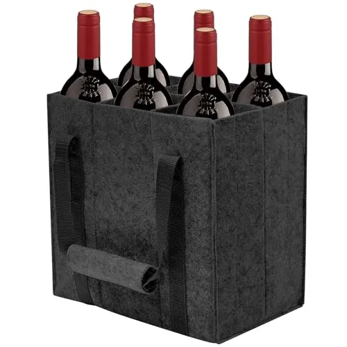 VIBINHO Flaschentasche Filz mit 6 Fächern, Tasche für Flaschen mit Klettverschluss Griff, Wiederverwendbar, Getränketasche, Flaschenträger Filz für Wasserflaschen, Wein und Bier, Schwarz
