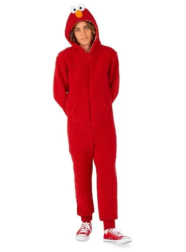 OppoSuits Kinder Elmo Onesie - Roter Schlafanzug mit Taschen - Schlafoveralls für Jungen, bequemer Elmo Onesie aus 100% Polyester, ideal für entspannte Tage und Sesamstraßen-Fans, mit Kapuze und praktischen Taschen.