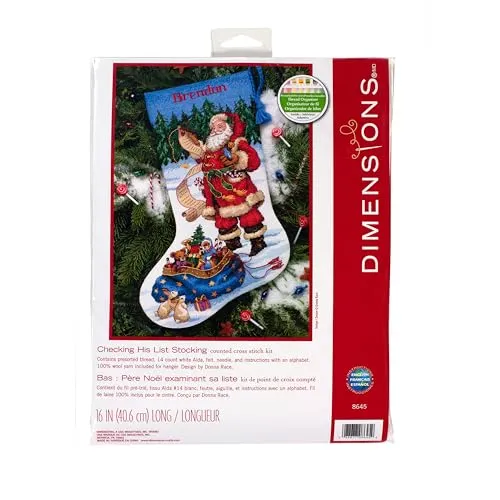 Dimensions - Checking His List Stocking - Kreuzstich-Set mit 14 Loch weißer Aida, ideal für kreative Weihnachtsgeschenke und festliche Dekorationen.
