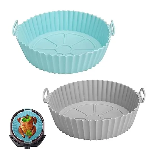 XoeLLe 2 Stück Silikonform für Heißluftfritteuse Air Fryer Liners Silikon Pot Liners Backpapier Rund Korb Wiederverwendbar Silikoneinsatz für Heißluftfritteuse Zubehör für Ofen Mikrowelle