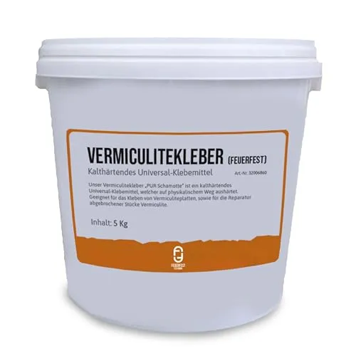 Feuerfest 123 - Vermiculite Kleber 5 kg - Hitzebeständiger Kaminkleber für Vermiculite Platten - Unser Vermiculite Kleber bietet eine starke Haftung bei Temperaturen bis zu 1.350 °C. Ideal zum Reparieren und Fixieren von Vermiculite Platten. Einfache Anwendung und kalthärtende Formel für zuverlässige Ergebnisse.