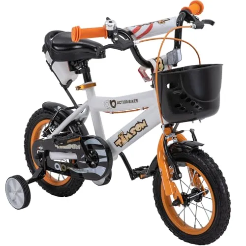 Actionbikes Kinderfahrrad Timson - 12 Zoll mit Stützrädern - Straßenfahrrad für Kinder, ideal für kleine Abenteurer ab 2 Jahren mit sicherem Dirtbike-Design und abnehmbaren Stützrädern für schnelles Lernen.