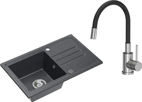 VBChome Spülbecken Granit Schwarz mit Armatur 70 x 44 cm Einzelbecken Einbauspüle Gesprenkelt Reversibel Granitspüle Siphon Waschbecken Schwarz Armatur mit Flexiblem Auslauf