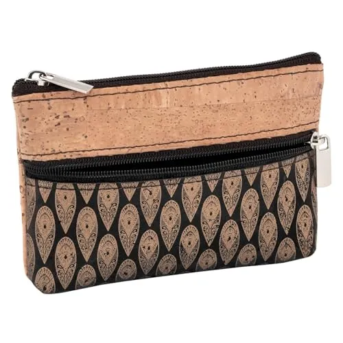 SIMARU Münzgeldbeutel/Kork Geldbeutel Mini, Slim Wallet, Geldbörse mit 2 Reißverschlussfächern für Karten, Scheine & Münzen, nachhaltiges Portemonnaie