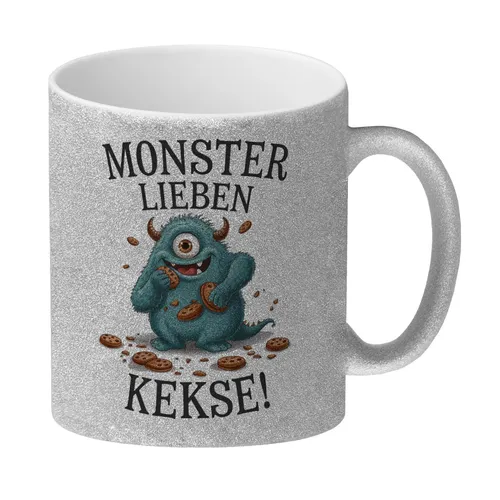 Blaues Monster mit Keks Glitzer-Kaffeebecher Monster lieben Kekse