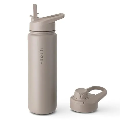 Vinsun Edelstahl Isolierflasche 750ml mit 2 Deckeln und Strohhalm - Stylische und robuste Edelstahl-Trinkflasche für heiße und kalte Getränke. Ideal für Sport, Freizeit oder Büro. Doppelwandige Isolierung hält Getränke lange auf Temperatur. BPA-frei und auslaufsicher.