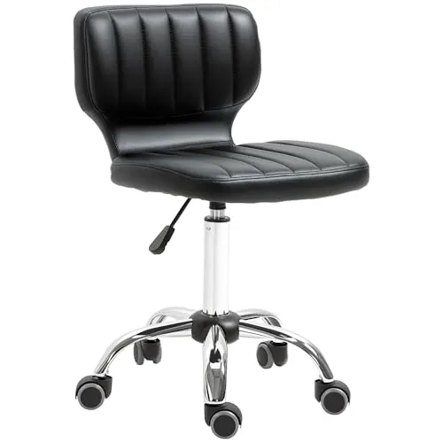 HOMCOM Hocker mit Rollen - Arbeitshocker 360° drehbar - - ergonomischer Hocker - verstellbare Sitzhöhe 47-62 cm - gepolsterter Kunststoffbezug schwarz Metall verchromt