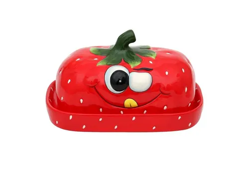 Dekohelden24 Butterglocke Keramik Butterdose Erdbeerrot - Handbemalte Keramik Butterdose in fruchtiger Erdbeerform, ideal für nachhaltige Haushalte. Hält Butter frisch und bringt Freude auf jeden Frühstückstisch.