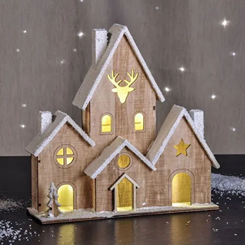 Spetebo LED Holz Haus beleuchtet - Tischdeko mit 6 Lichtern - Weihnachtsdeko Fensterdeko