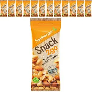 Seeberger Snack2go Nuss-Trio: Vegane Nuss-Kern-Mischung aus Mandeln, Erdnüssen und Cashewkernen - Nuss-Mischungen: Handliche 50 g Packungen, ideal für unterwegs – geröstet & gesalzen für einen harmonischen Geschmack, voller Vitamine und Mineralstoffe.