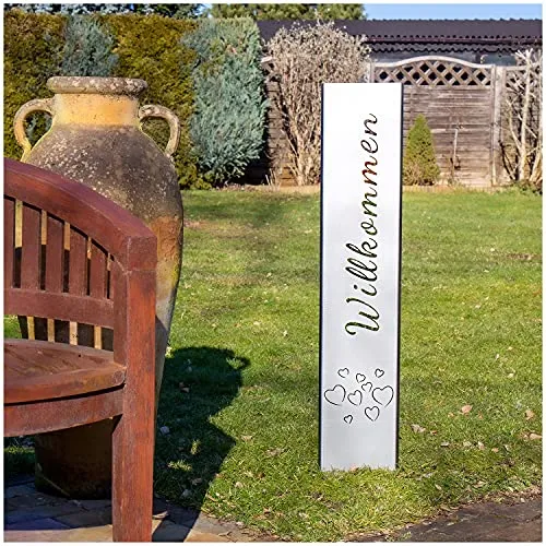 teileplus24 GS01-HH-1 Willkommen Gartenstecker Gartenschild | Rost Garten Deko | 3D Abkantung | 120cm x 21cm, Design:HerzHimmel