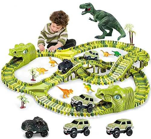 burgkidz Dinosaurier Spielzeug Schienen Set - Rennbahnen mit 260 Teilen: Erstelle deine eigene Dinosaurierwelt mit 3 Triebwagen und 7 Dinosaurierfiguren, perfekt für kreatives und lehrreiches Spielen ab 3 Jahren.