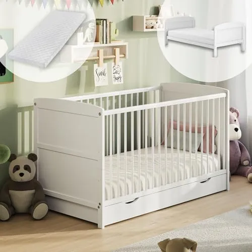 Umbaubares Babybett 70x140 mit Schublade und Matratze - Babybett aus hochwertigem Kiefernholz, höhenverstellbar und mit praktischer Schublade für Stauraum - ideal von Geburt bis zum 6. Lebensjahr.