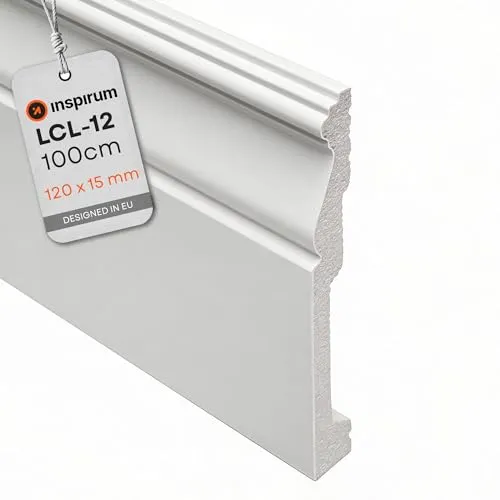 Inspirum Breite Sockelleiste Weiß LCL-12, 120x15x1000 mm, Preis pro Meter, Hohe Fußleiste aus Polyurethan zum Abdecken von Fugen, Stoßfest & Wasserfest
